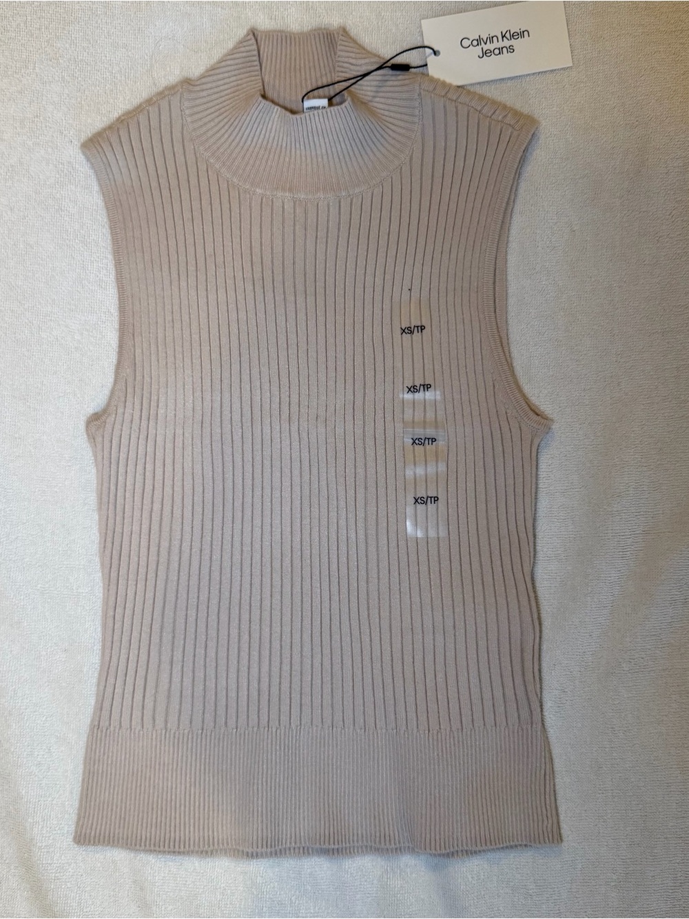 NWT Calvin Klein Jeans Ribbed Beige Mock-neck Sleeveless Top